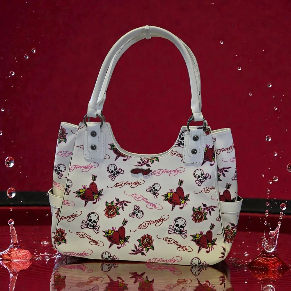 NEW Ed Hardy White Women's Bag With Skull,Rose & Heart Tattoo Designs Y2K NWT